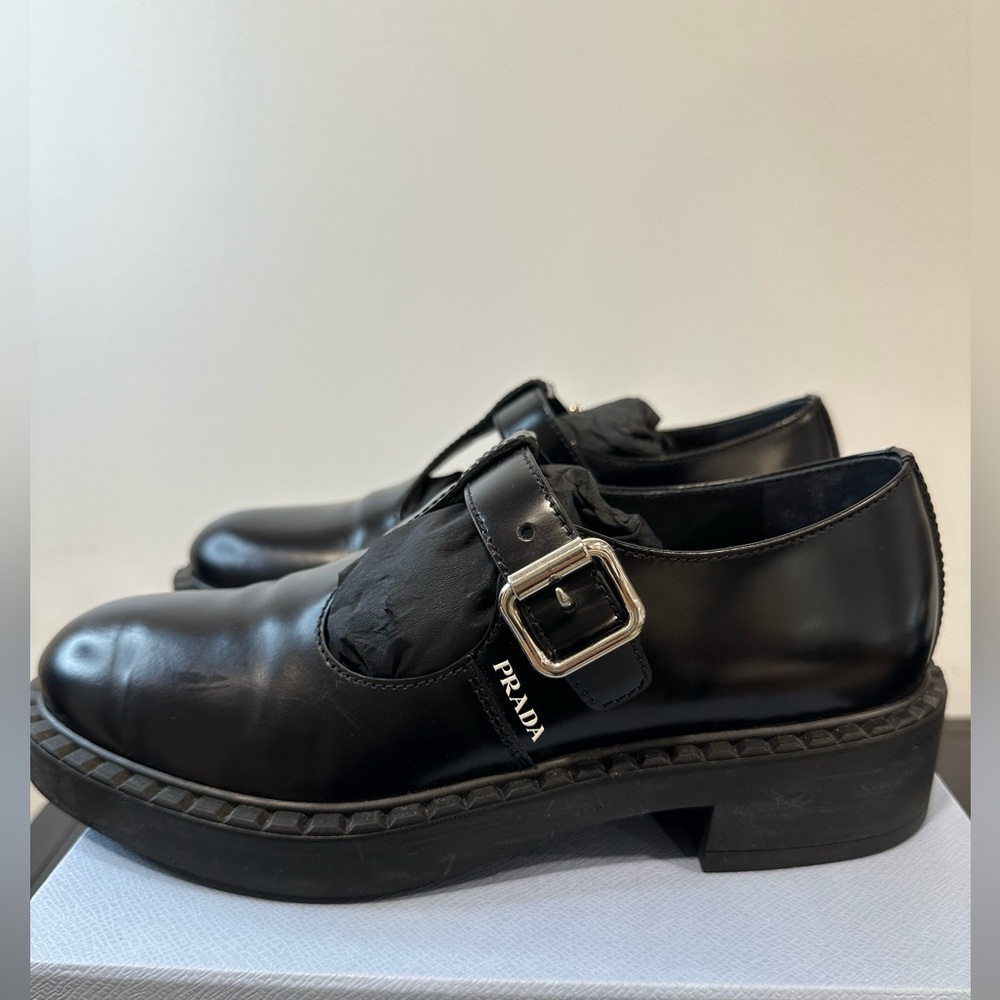 PRADA Brushed-leather Mary Jane T-strap shoes 38